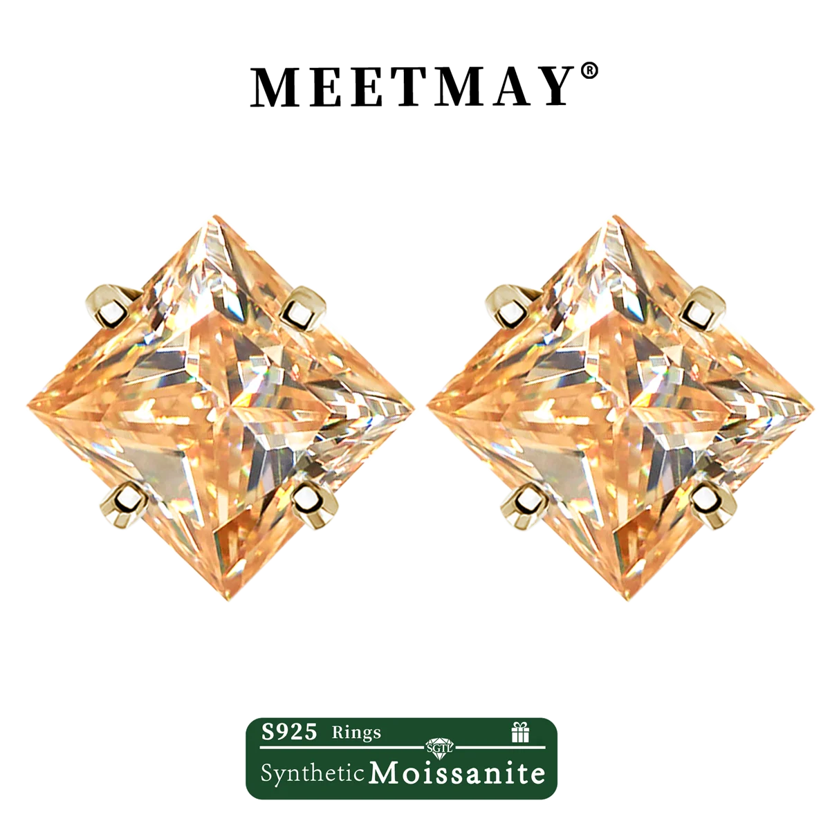 Colorful Princess-Cut Moissanite Stud Earrings in Sterling Silver — Champagne / Gold-Tone