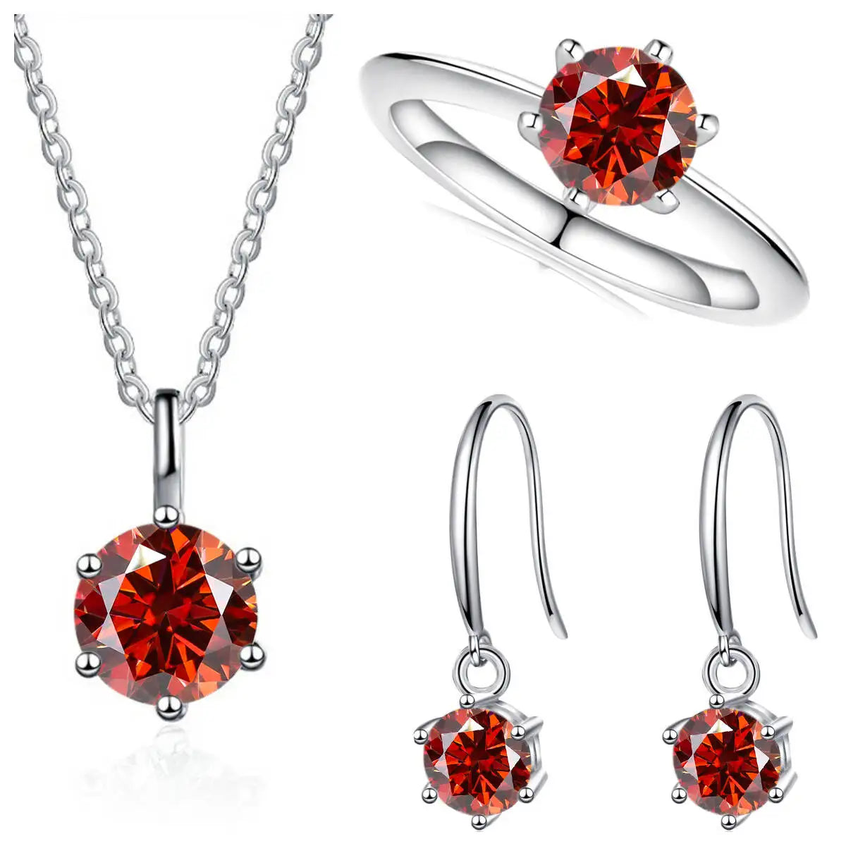 Colored Moissanite Necklace, Hook Earrings & Ring Set — Garnet red set