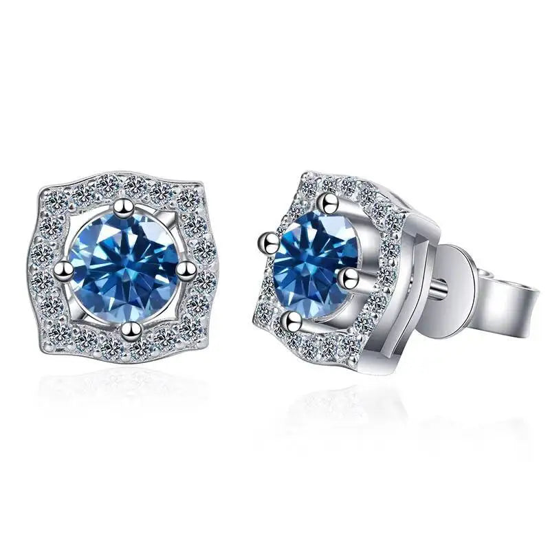 Moissanite Cushion Halo Stud Earrings in Sterling Silver — Royal Blue — BandsCo Straps