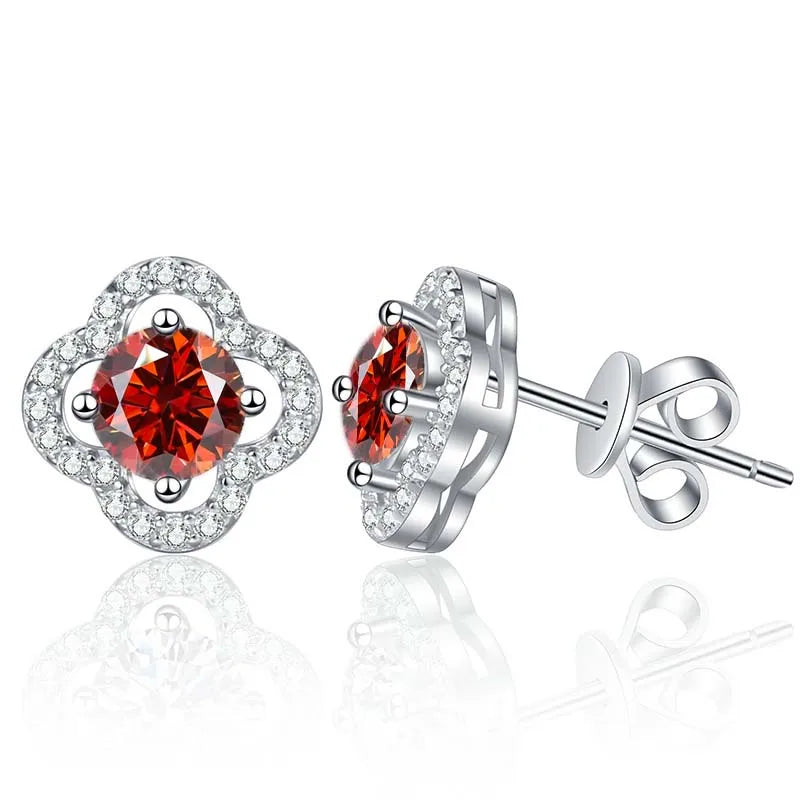 Colored Clover Halo Moissanite Stud Earrings in Sterling Silver — Red