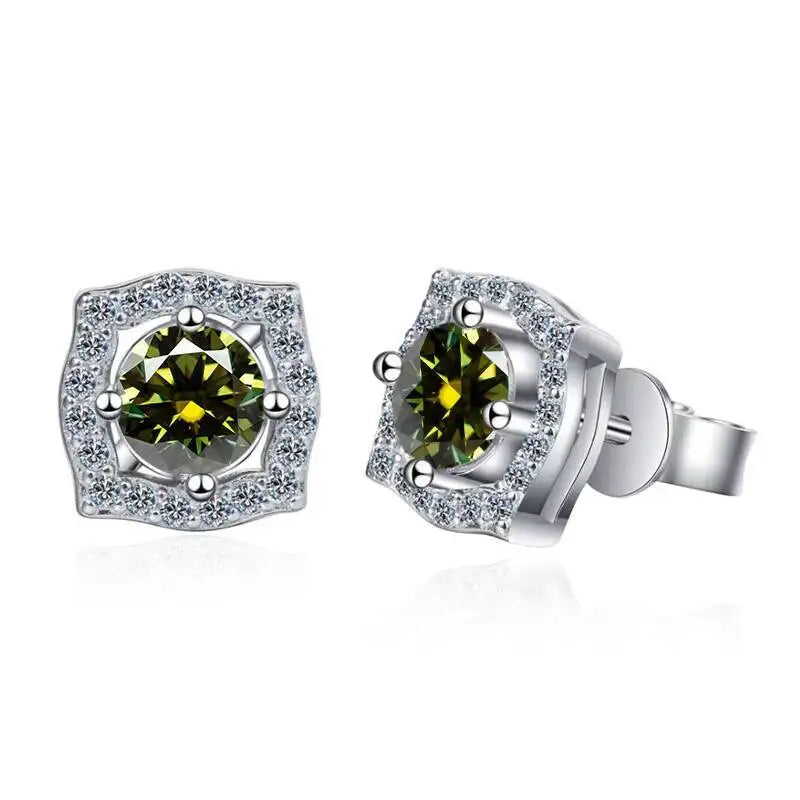 Moissanite Cushion Halo Stud Earrings in Sterling Silver — Yellow Green — BandsCo Straps