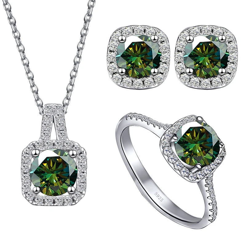 Colored Cushion Halo Moissanite Necklace, Earrings & Ring Set — Dark green set