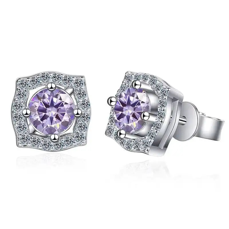 Moissanite Cushion Halo Stud Earrings in Sterling Silver — Light Purple — BandsCo Straps