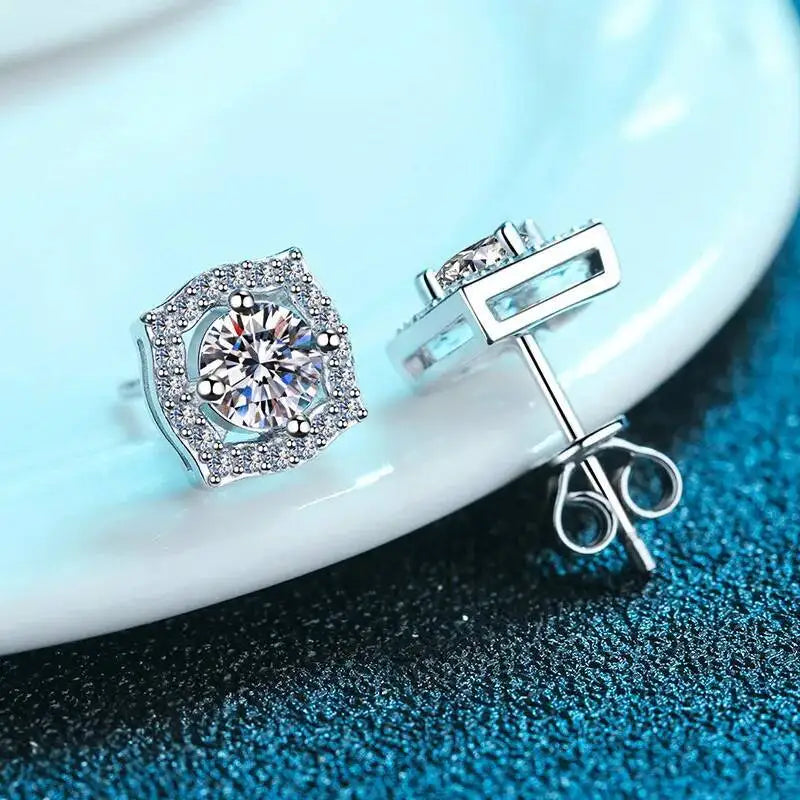 Moissanite Cushion Halo Stud Earrings in Sterling Silver — Butterfly backs and side profile — BandsCo Straps
