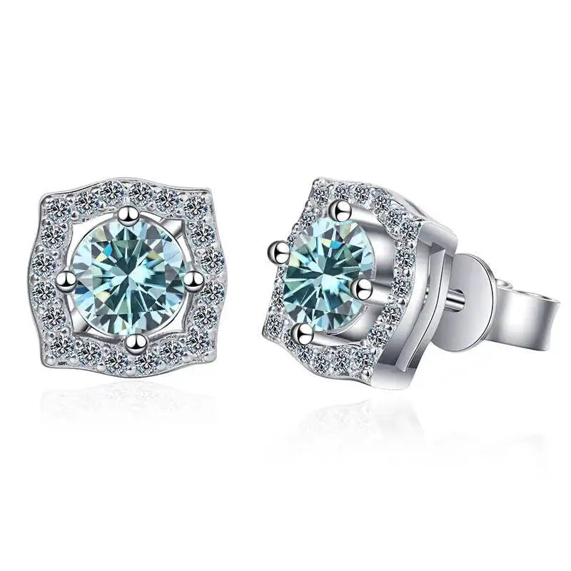 Moissanite Cushion Halo Stud Earrings in Sterling Silver — Blue — BandsCo Straps