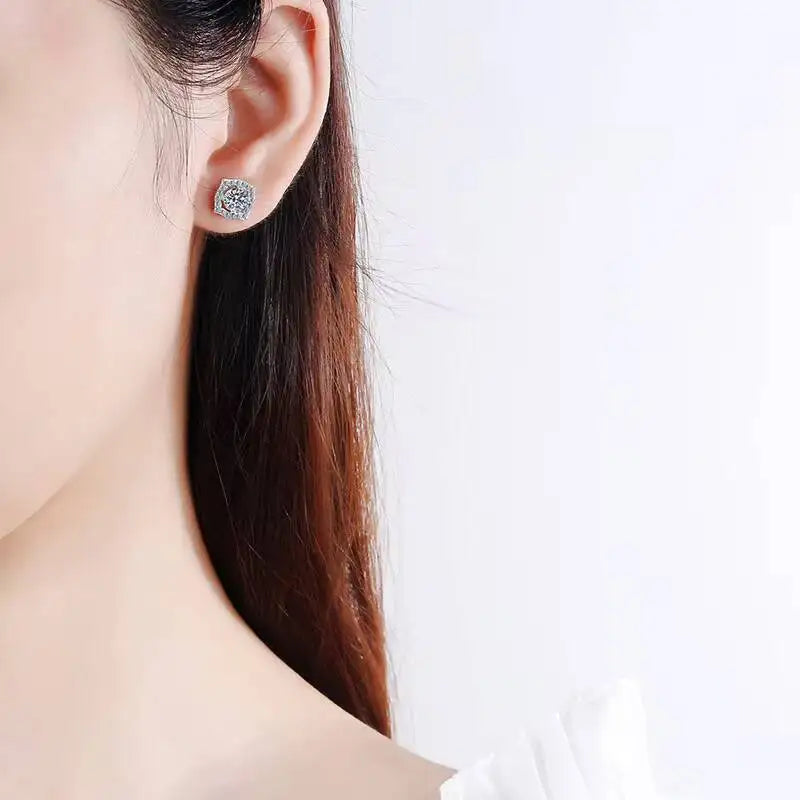 Moissanite Cushion Halo Stud Earrings in Sterling Silver — Stud earring worn on ear — BandsCo Straps