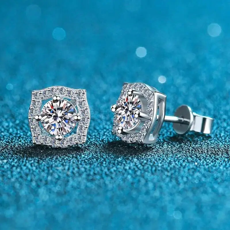 Moissanite Cushion Halo Stud Earrings in Sterling Silver — White cushion halo studs — BandsCo Straps