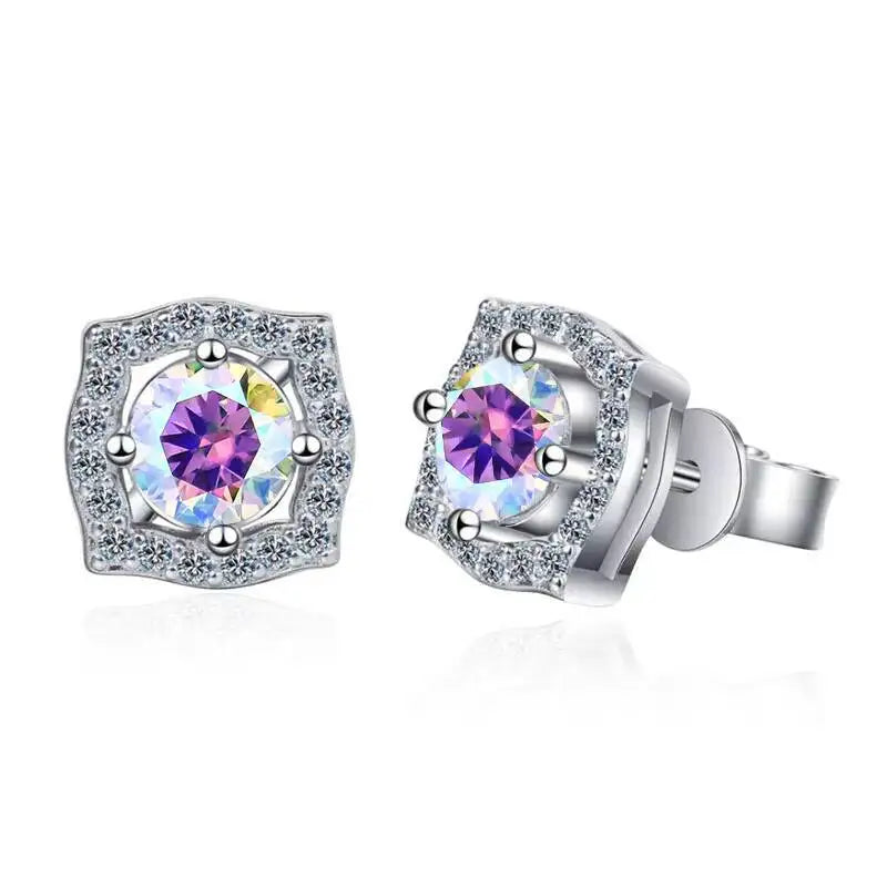 Moissanite Cushion Halo Stud Earrings in Sterling Silver — Purple Multicolor — BandsCo Straps