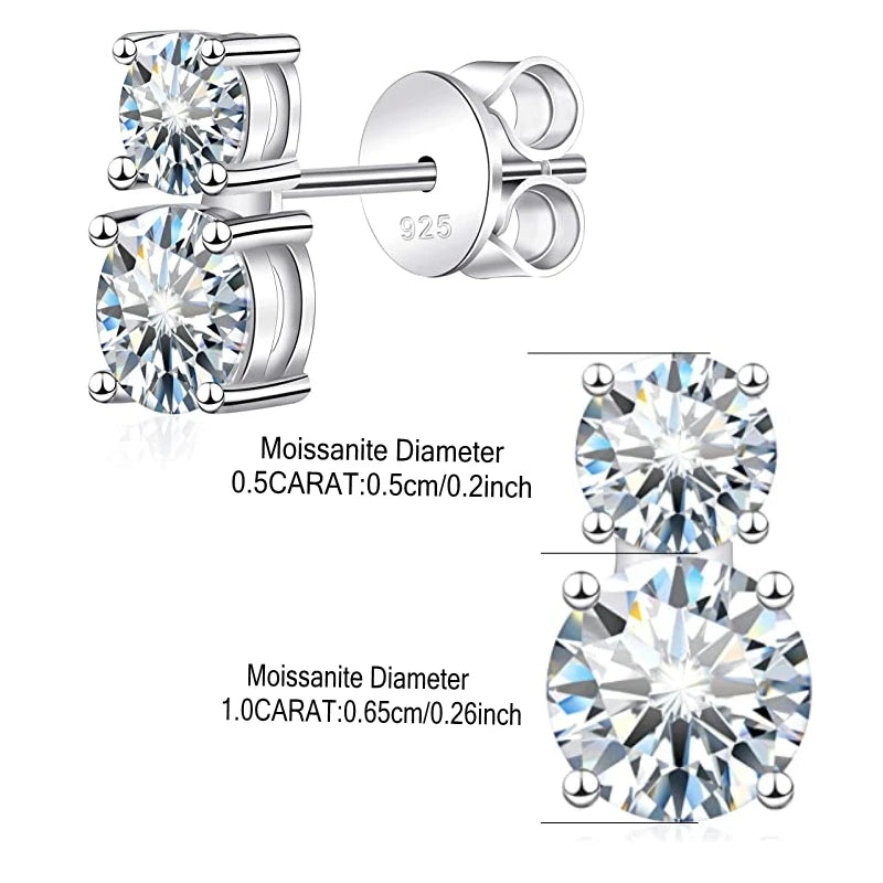 Graduated Two-Stone Moissanite Stud Earrings in Sterling Silver — Diagram showing 5mm upper and 6.5mm lower stones