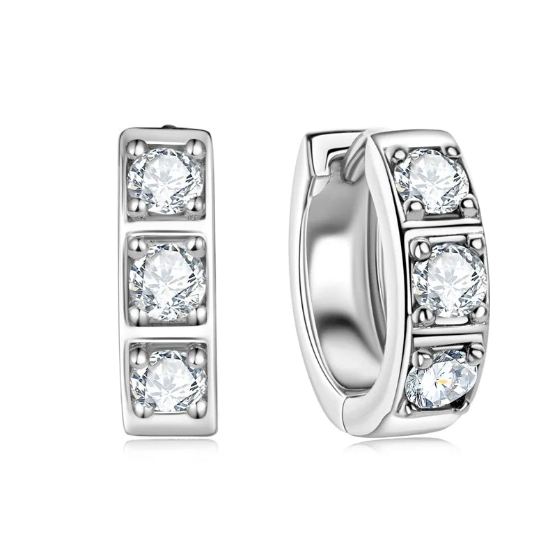 Three-Stone Moissanite Hoop Earrings in 925 Sterling Silver — White stones