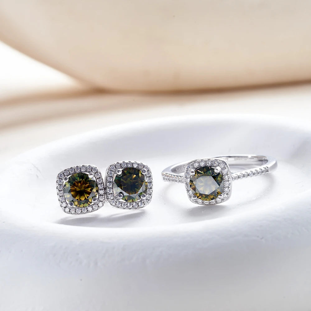 Colored Cushion Halo Moissanite Necklace, Earrings & Ring Set — Ring and earrings