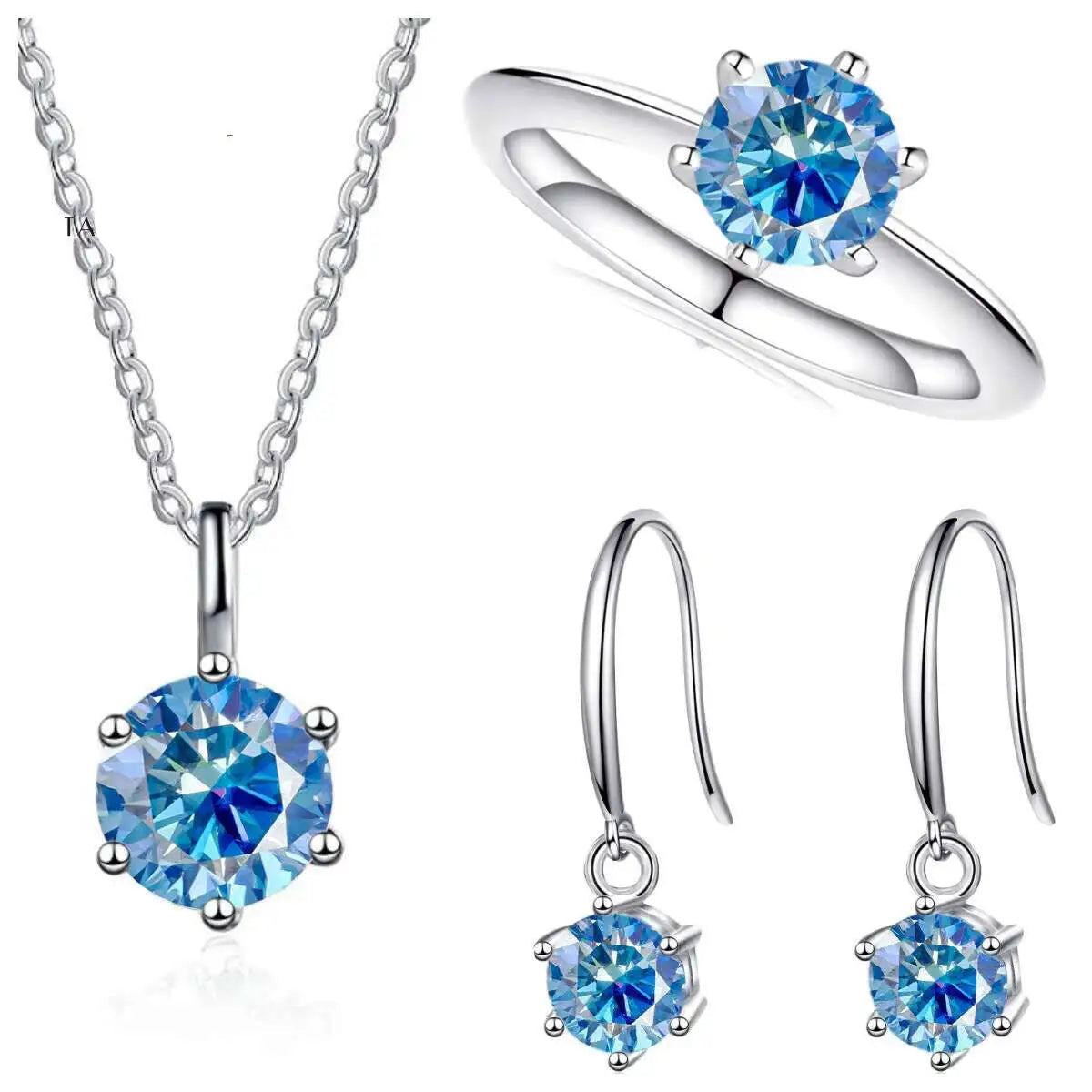 Colored Moissanite Necklace, Hook Earrings & Ring Set — Blue necklace hook earrings and ring