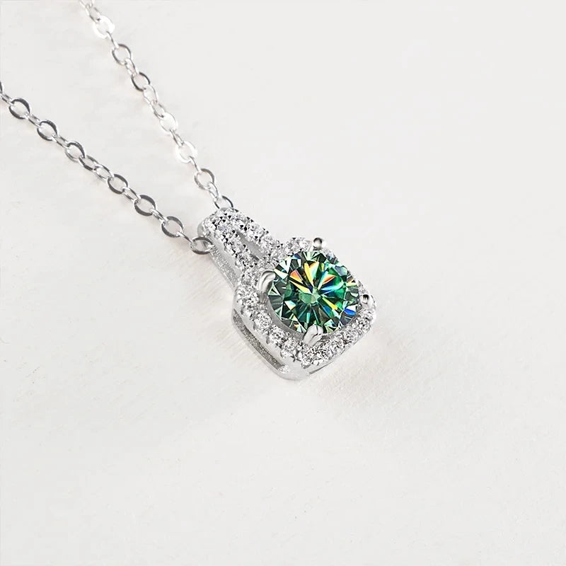 Colored Cushion Halo Moissanite Necklace, Earrings & Ring Set — Blue green pendant