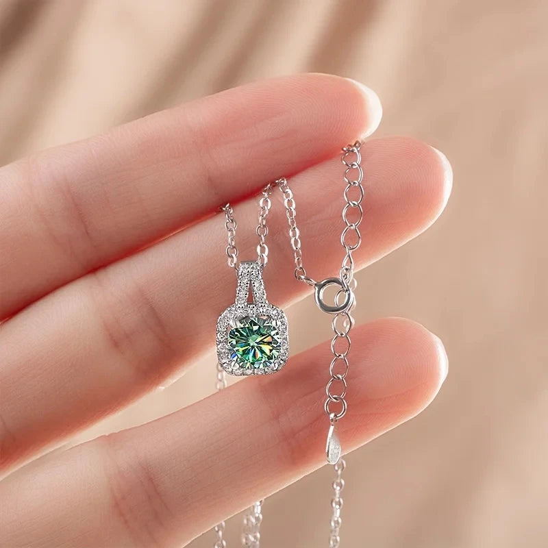 Colored Cushion Halo Moissanite Necklace, Earrings & Ring Set — Pendant on hand