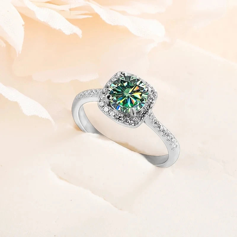 Colored Cushion Halo Moissanite Necklace, Earrings & Ring Set — Ring front