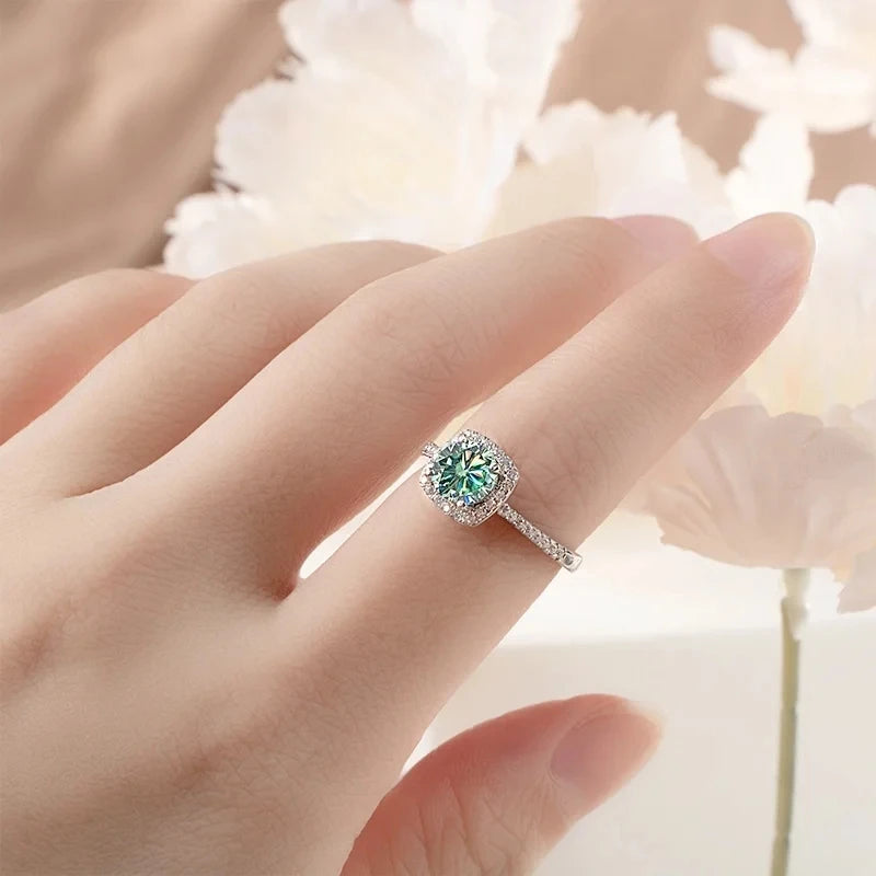 Colored Cushion Halo Moissanite Necklace, Earrings & Ring Set — Ring shown worn