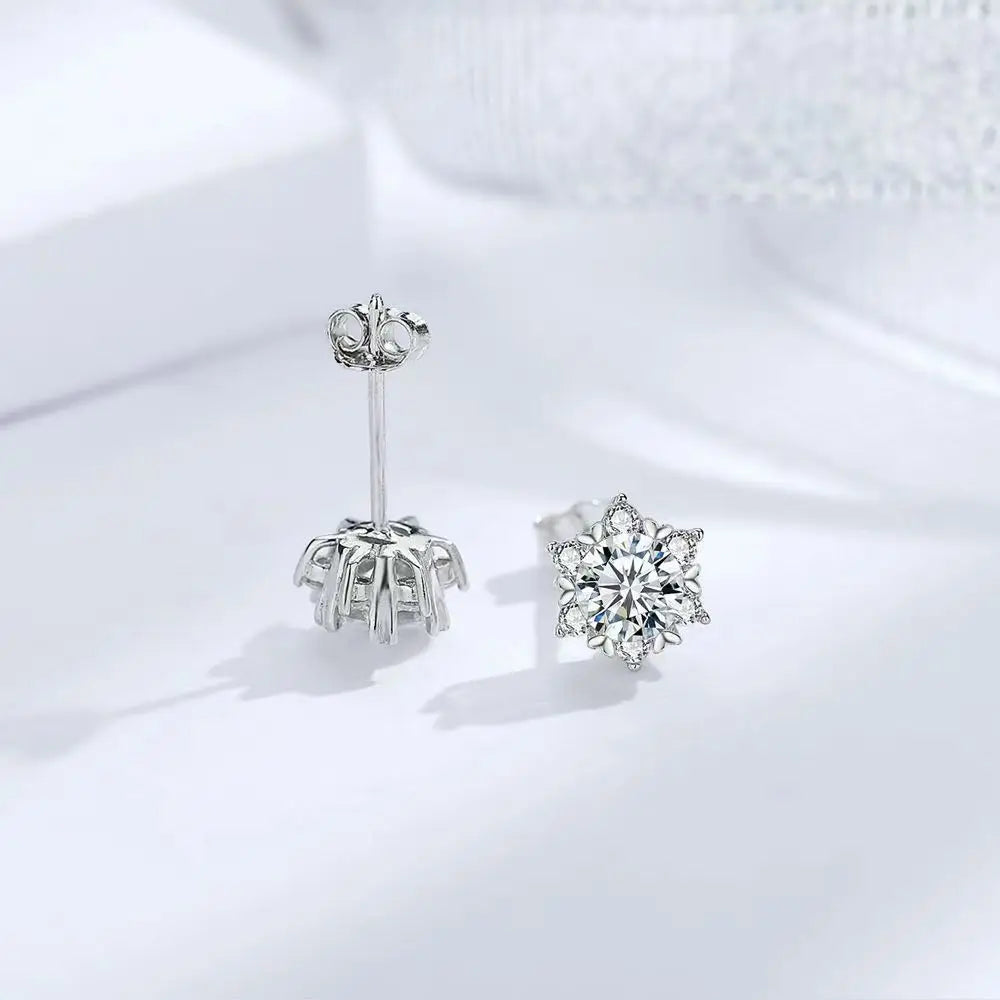 Snowflake Moissanite Stud Earrings in Sterling Silver - back and side details