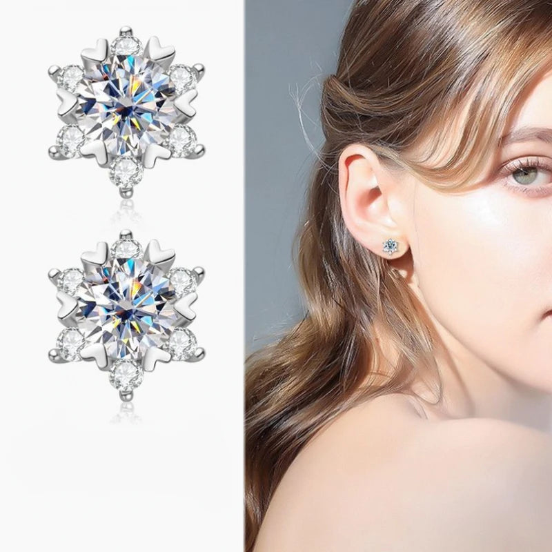 Snowflake Moissanite Stud Earrings in Sterling Silver - worn view and snowflake setting