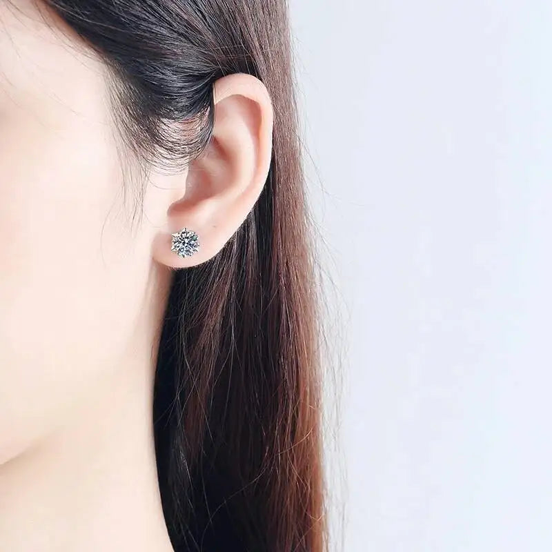 Snowflake-Setting Moissanite Stud Earrings in Sterling Silver — Shown on ear