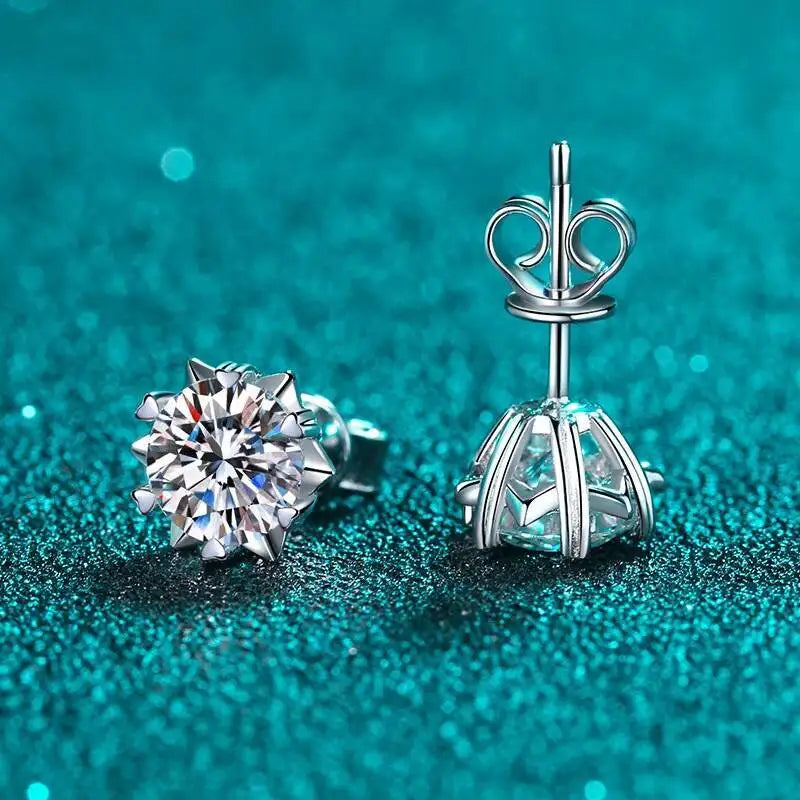 Snowflake-Setting Moissanite Stud Earrings in Sterling Silver — Front and butterfly back