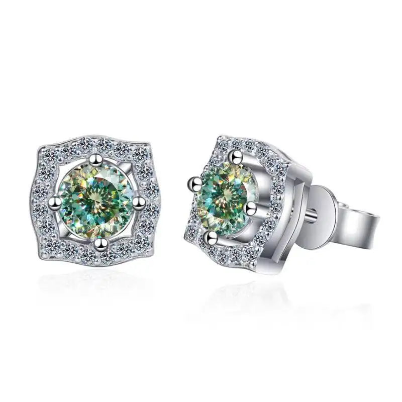 Moissanite Cushion Halo Stud Earrings in Sterling Silver — Green (100 Cut) — BandsCo Straps