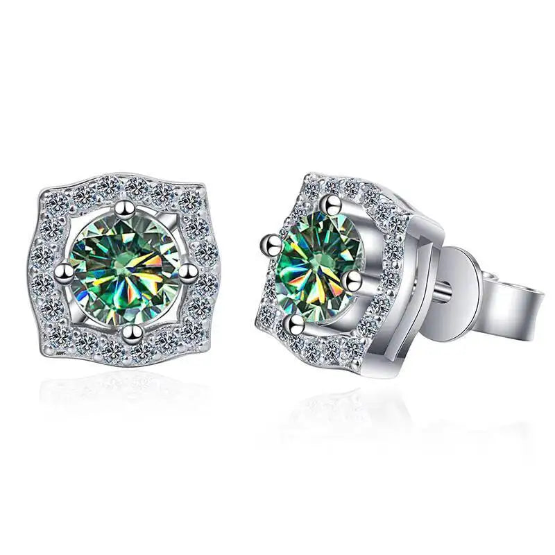 Moissanite Cushion Halo Stud Earrings in Sterling Silver — Blue Green — BandsCo Straps