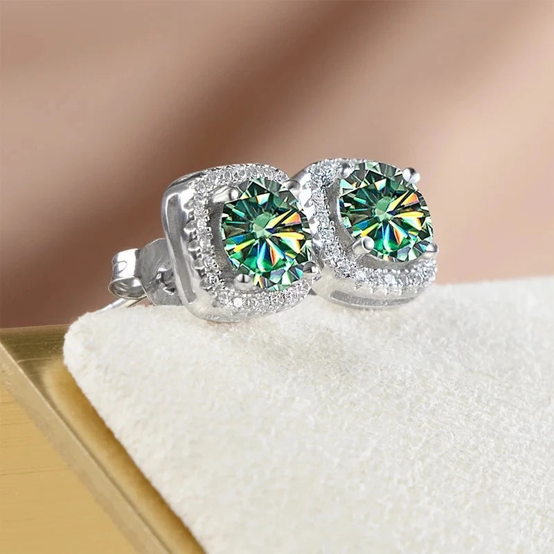 Colored Cushion Halo Moissanite Necklace, Earrings & Ring Set — Blue green studs