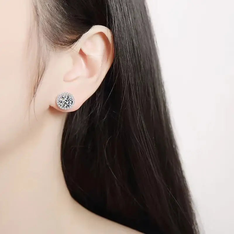Round Halo Moissanite Stud Earrings in Sterling Silver - stud worn