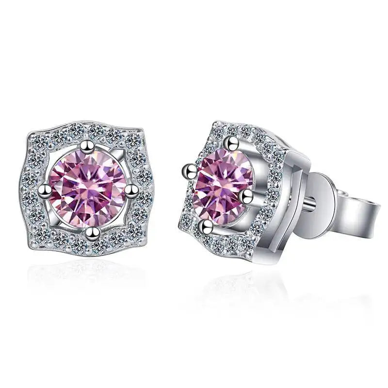 Moissanite Cushion Halo Stud Earrings in Sterling Silver — Pink — BandsCo Straps