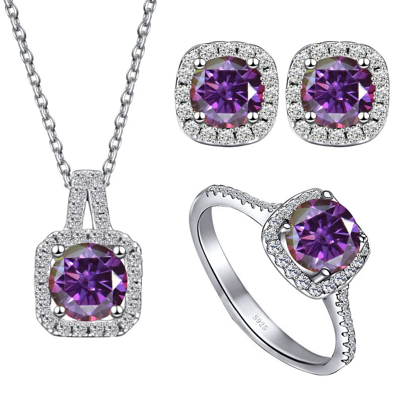 Colored Cushion Halo Moissanite Necklace, Earrings & Ring Set — Purplish red set