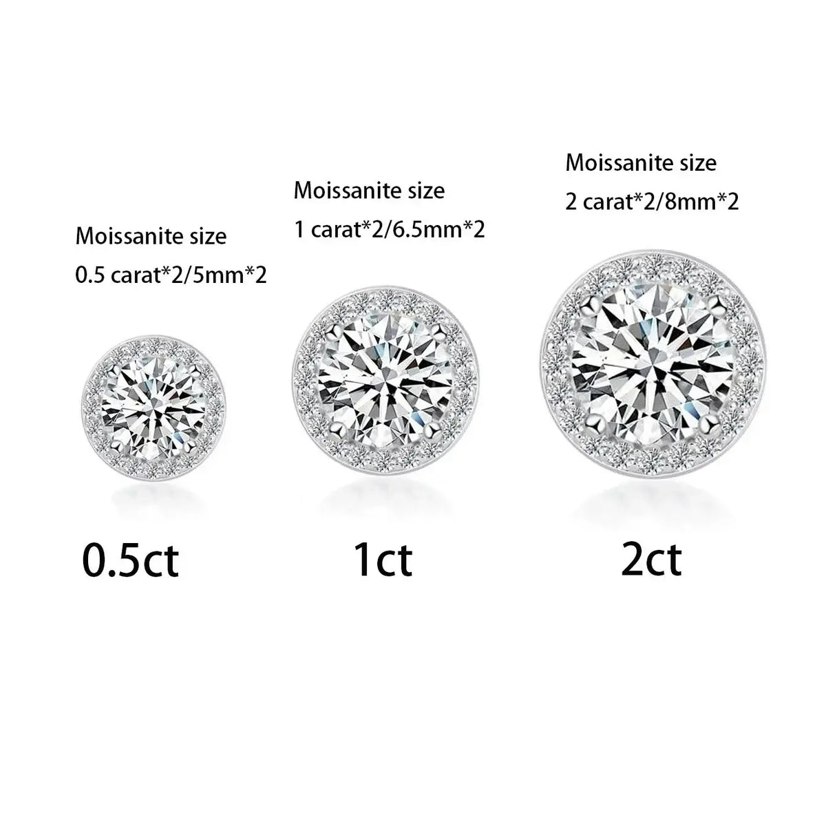 Round Halo Moissanite Stud Earrings in Sterling Silver - center-stone size comparison