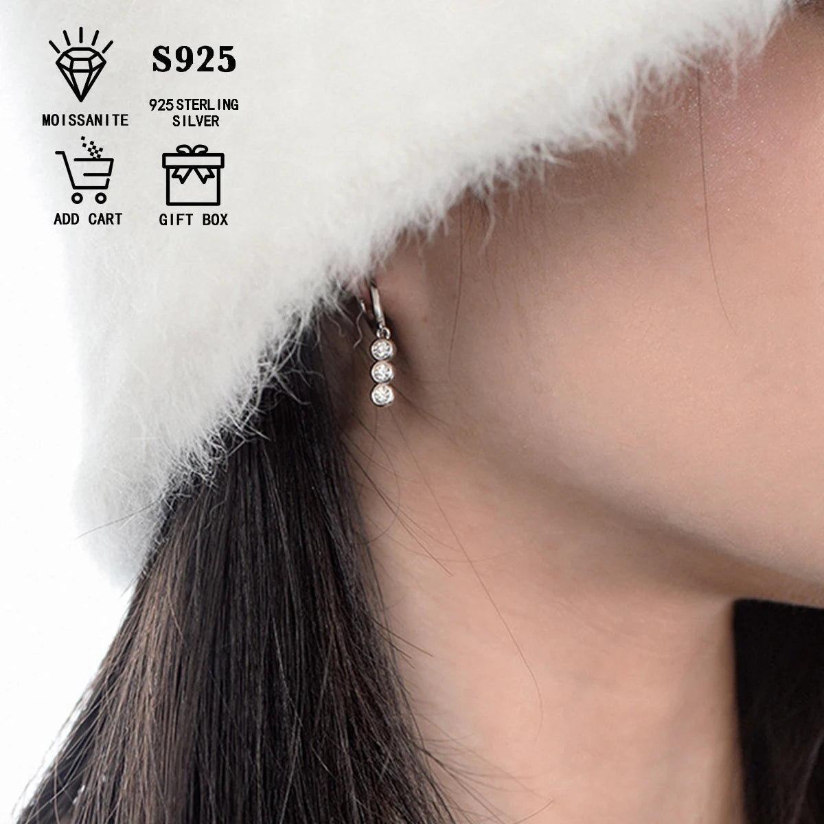 Three-Stone Moissanite Hoop Drop Earrings in Sterling Silver — Three-stone drops worn on ear — BandsCo Straps