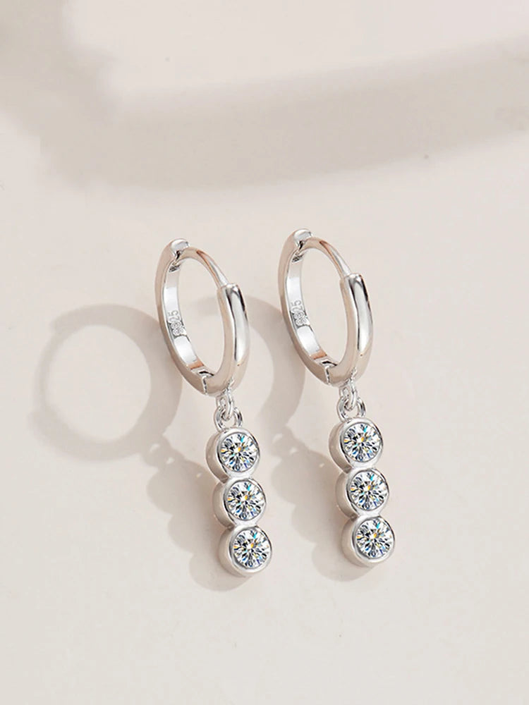 Three-Stone Moissanite Hoop Drop Earrings in Sterling Silver — 1.2ct total per pair — BandsCo Straps