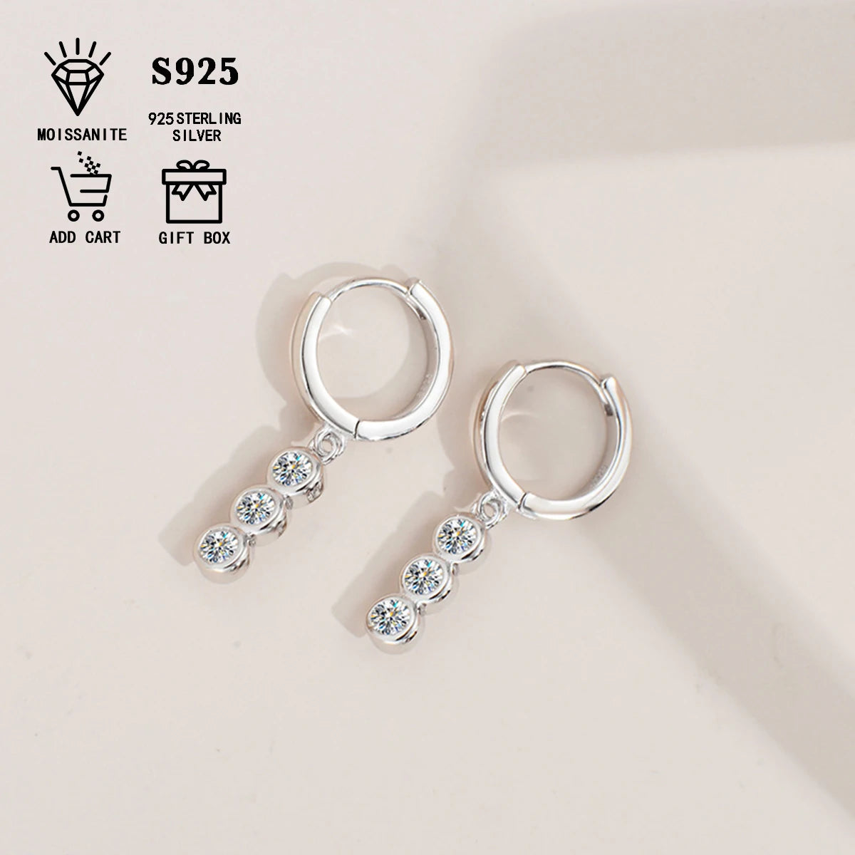 Three-Stone Moissanite Hoop Drop Earrings in Sterling Silver — Hinged hoops and stone drops — BandsCo Straps