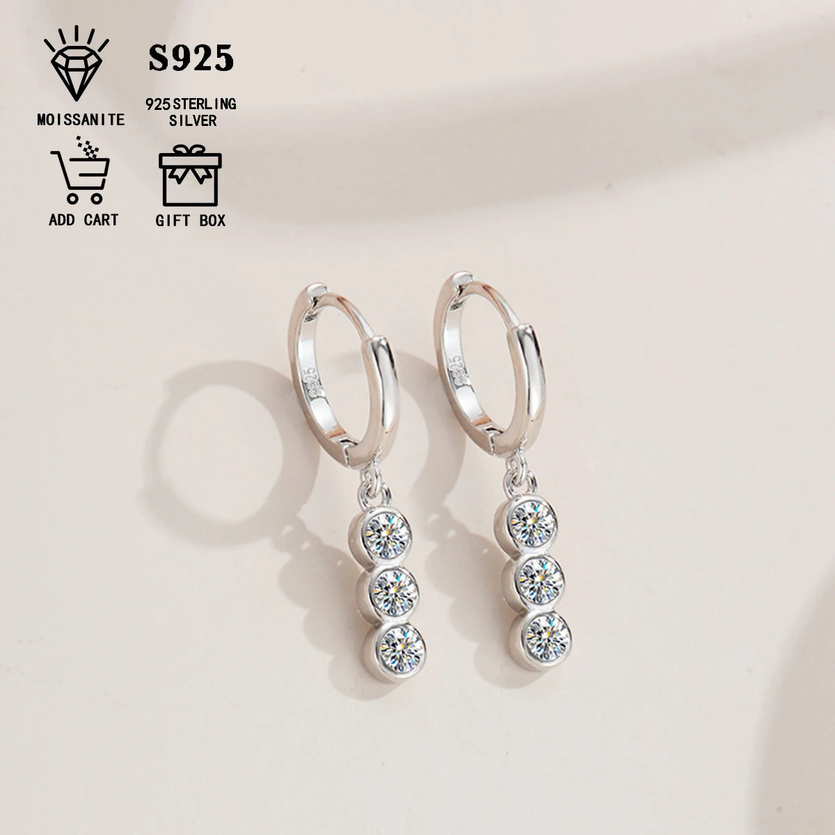 Three-Stone Moissanite Hoop Drop Earrings in Sterling Silver — Silver hoop drops front view — BandsCo Straps