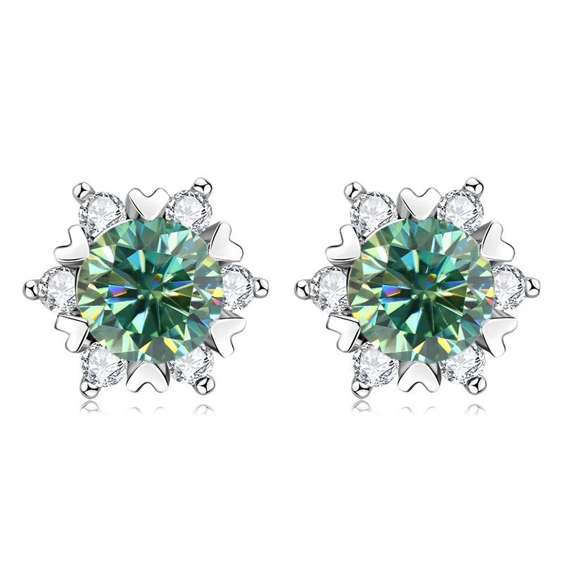 Colored Snowflake Moissanite Stud Earrings in Sterling Silver - Blue green centers