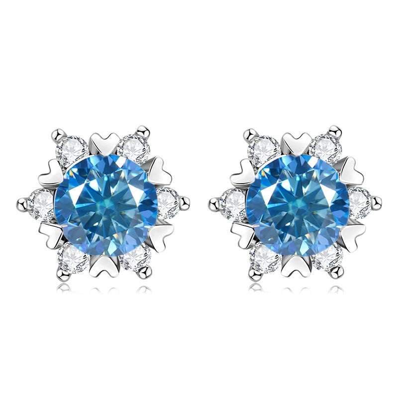 Colored Snowflake Moissanite Stud Earrings in Sterling Silver - Royal blue centers