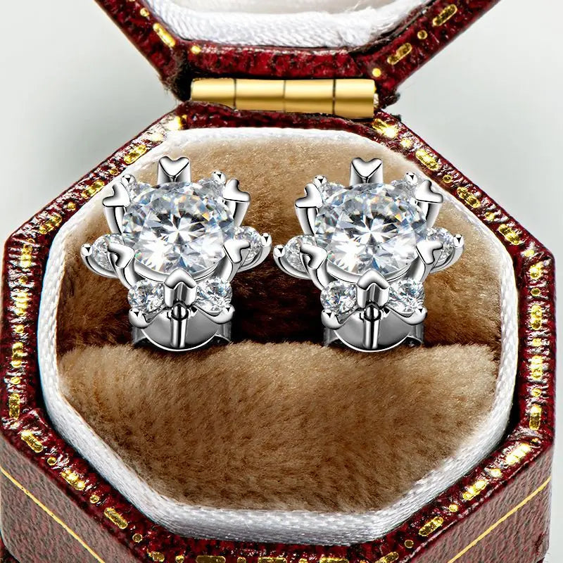 Colored Snowflake Moissanite Stud Earrings in Sterling Silver - White stud pair close-up