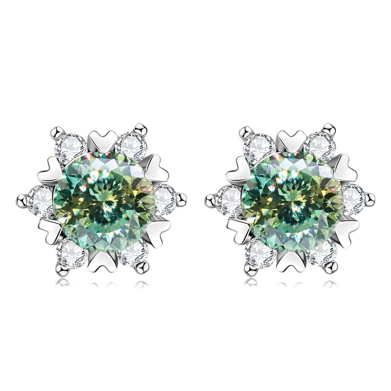 Colored Snowflake Moissanite Stud Earrings in Sterling Silver - Blue green 100 Series centers