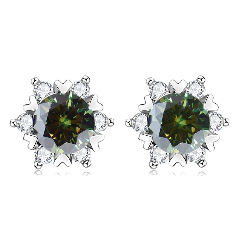 Colored Snowflake Moissanite Stud Earrings in Sterling Silver - Dark green centers