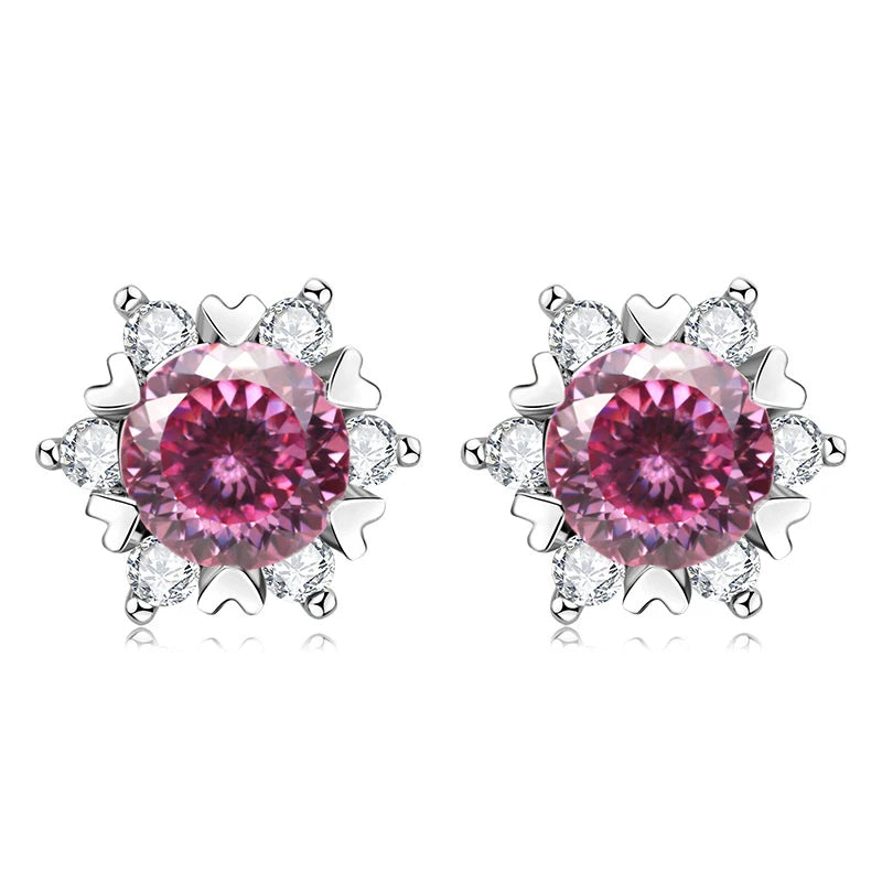 Colored Snowflake Moissanite Stud Earrings in Sterling Silver - Pink 100 Series centers