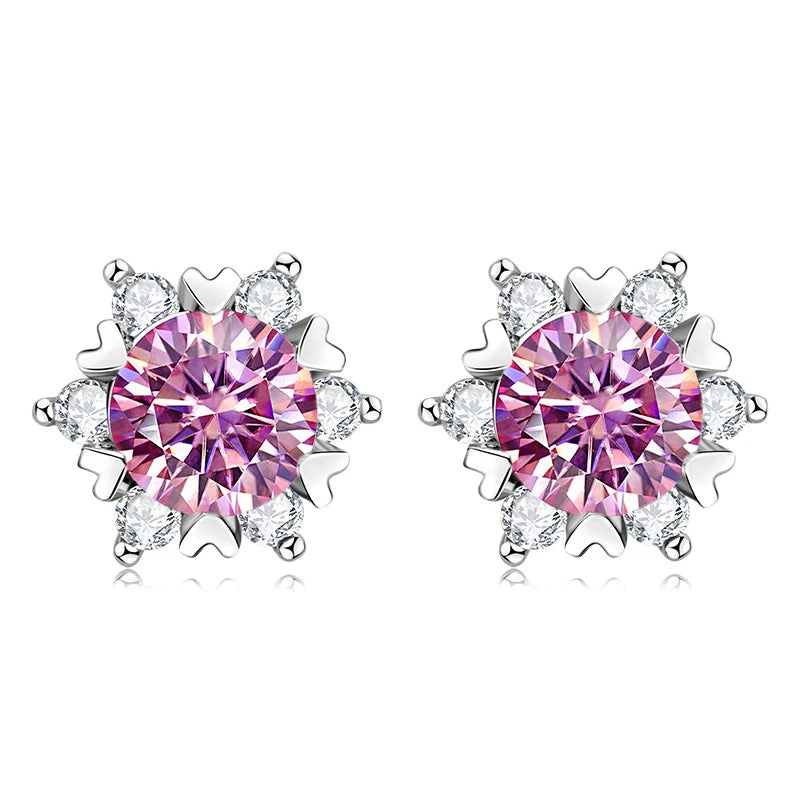 Colored Snowflake Moissanite Stud Earrings in Sterling Silver - Pink centers