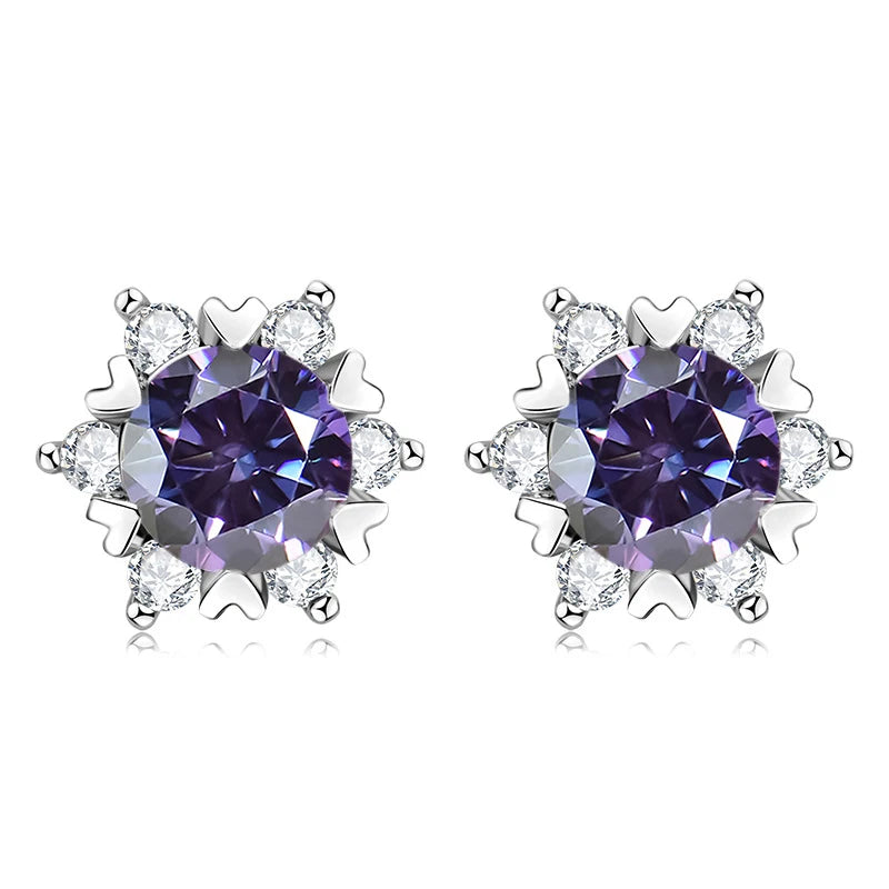 Colored Snowflake Moissanite Stud Earrings in Sterling Silver - Violet centers