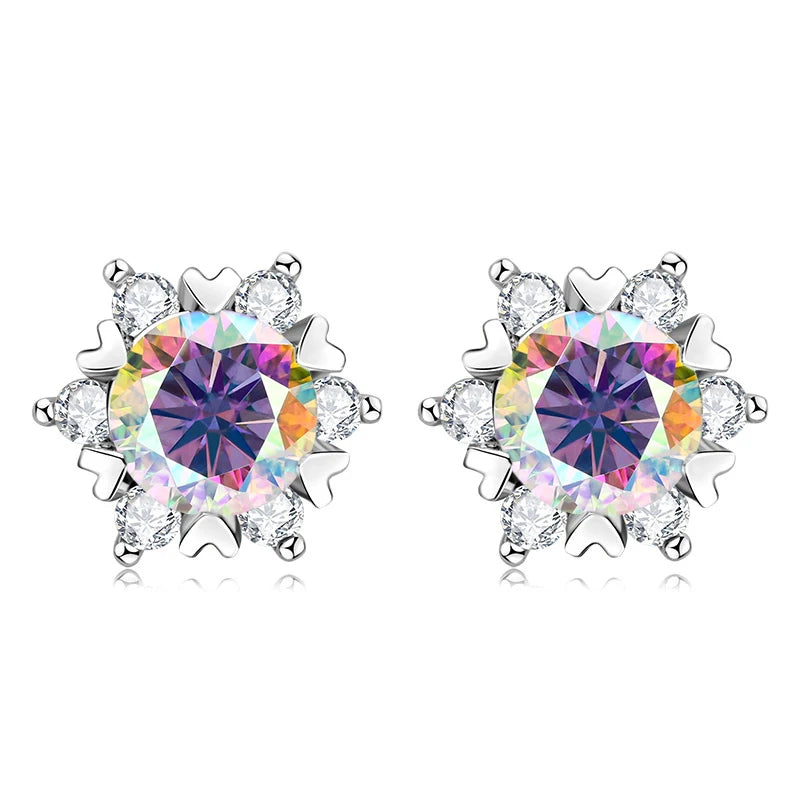 Colored Snowflake Moissanite Stud Earrings in Sterling Silver - Multicolor centers