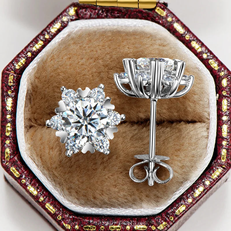 Colored Snowflake Moissanite Stud Earrings in Sterling Silver - Front and post view