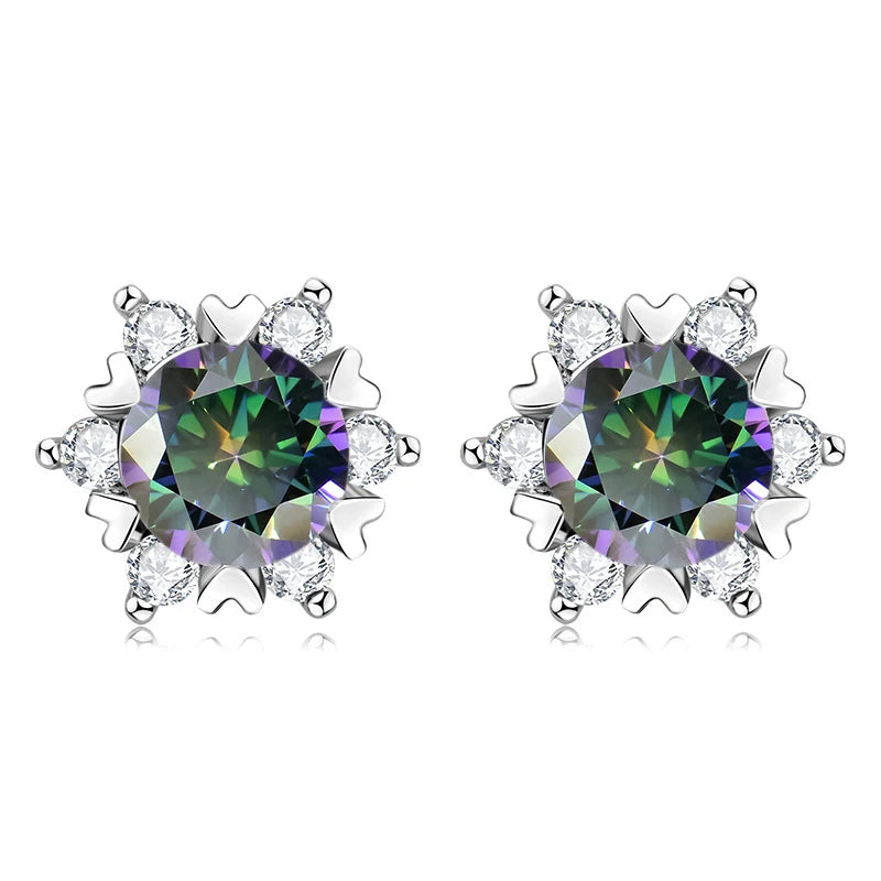 Colored Snowflake Moissanite Stud Earrings in Sterling Silver - Rainbow green centers