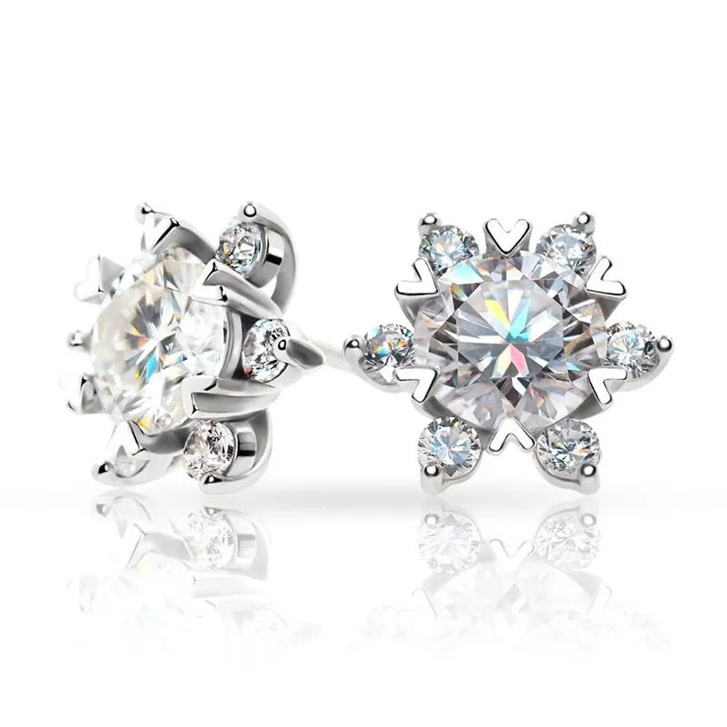 Colored Snowflake Moissanite Stud Earrings in Sterling Silver - White snowflake pair