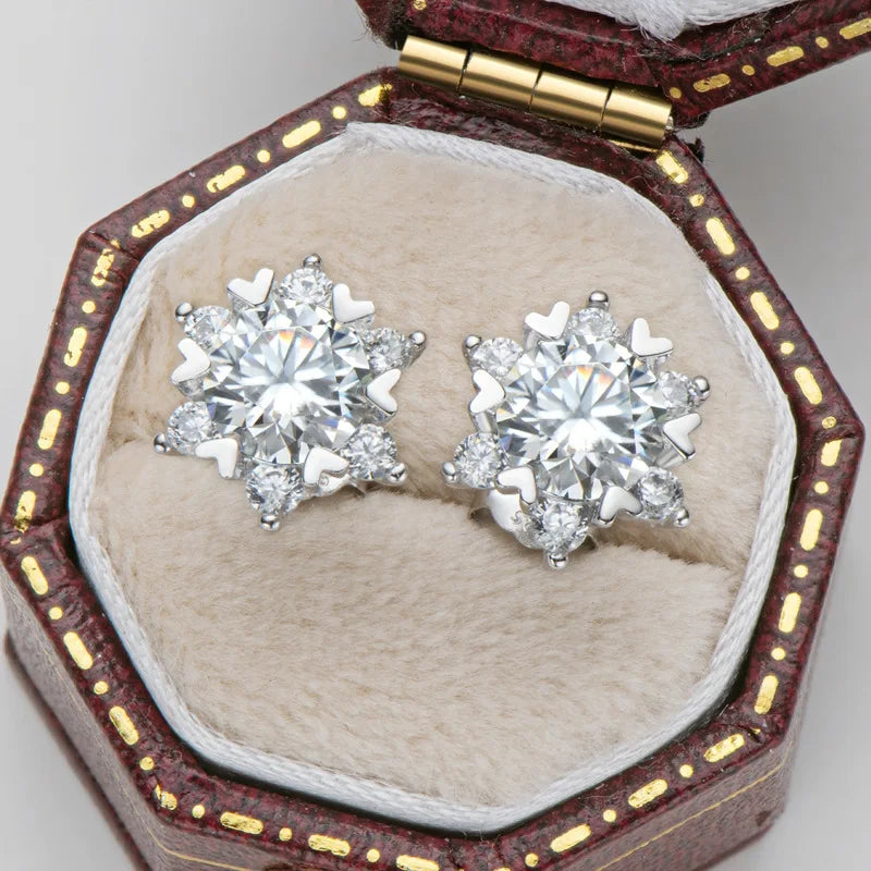 Colored Snowflake Moissanite Stud Earrings in Sterling Silver - White snowflake studs in box