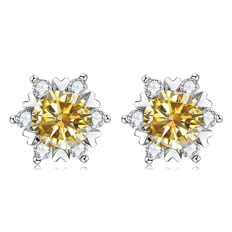 Colored Snowflake Moissanite Stud Earrings in Sterling Silver - Golden yellow centers