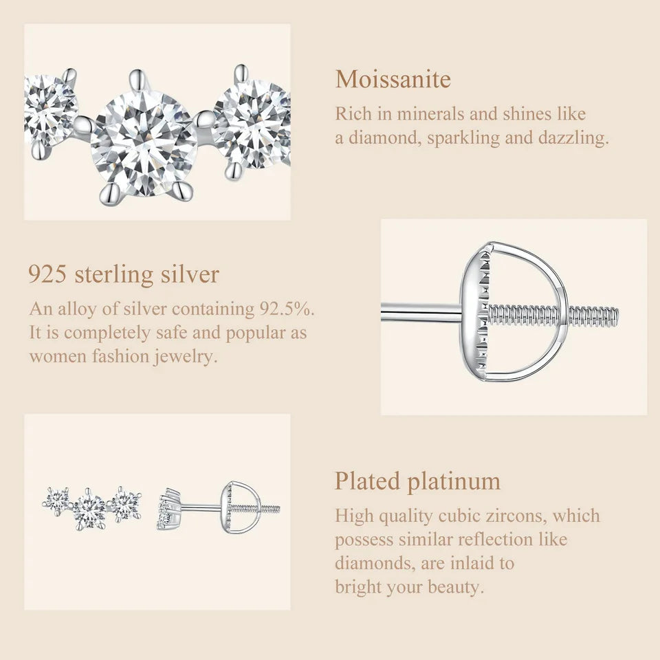 Three-Star Moissanite Screw-Back Stud Earrings - Threaded post and setting details